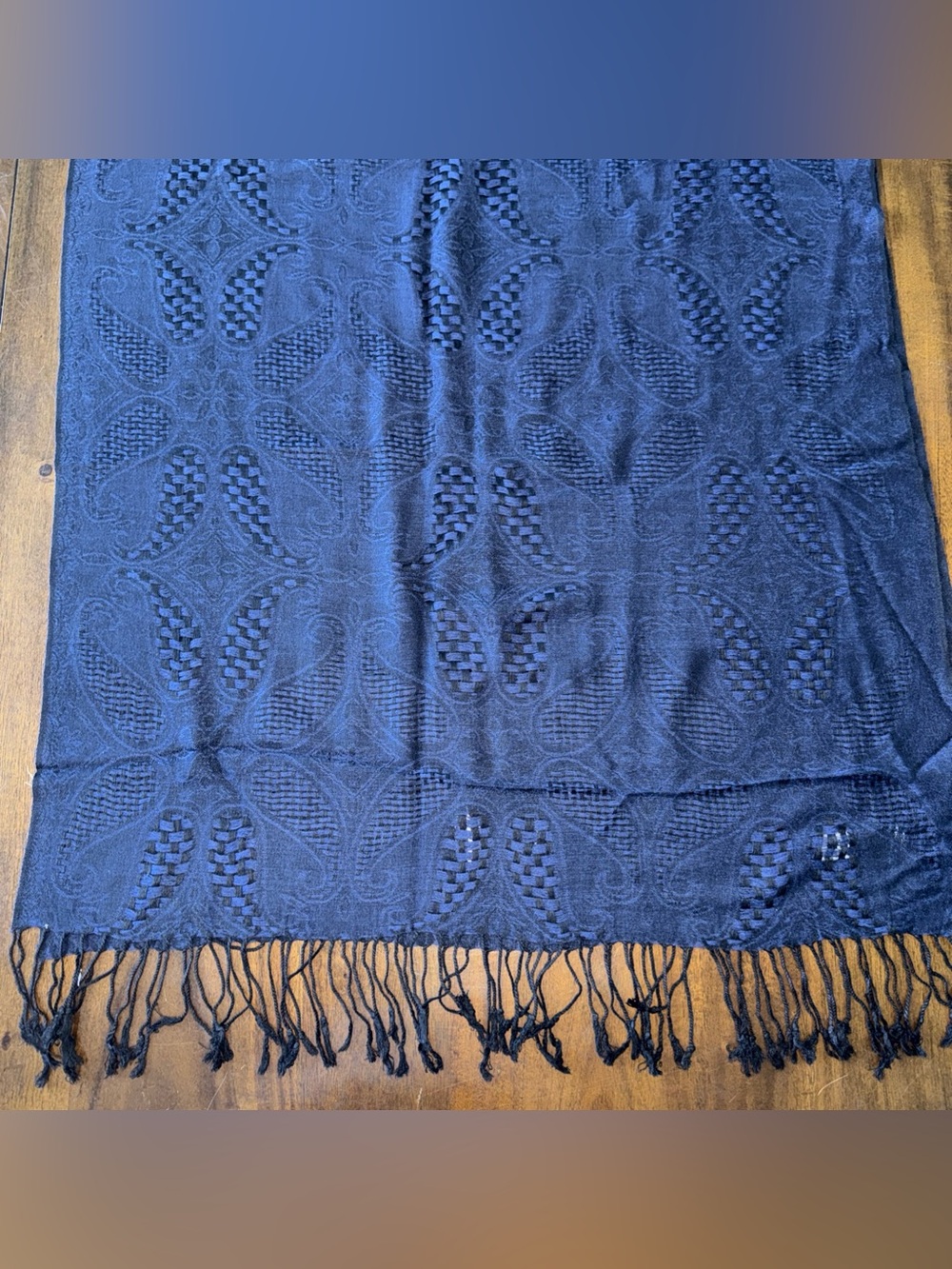 Blue Black Woven Floral Pattern Pashmina Scarf Wrap Viscose Rayon Blend Tassel